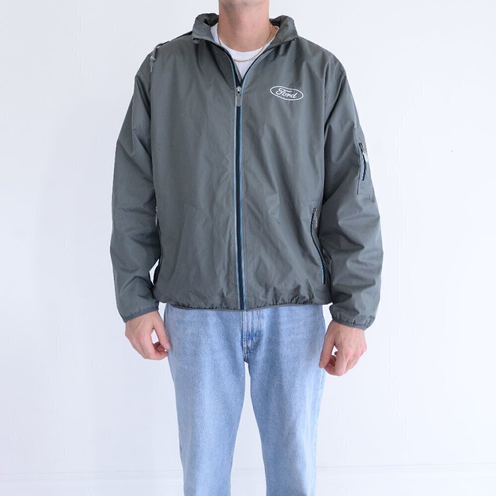 Vintage Choko Gray Ford Waterproof W/ Stowaway Hood Zip Up Jacket Medium